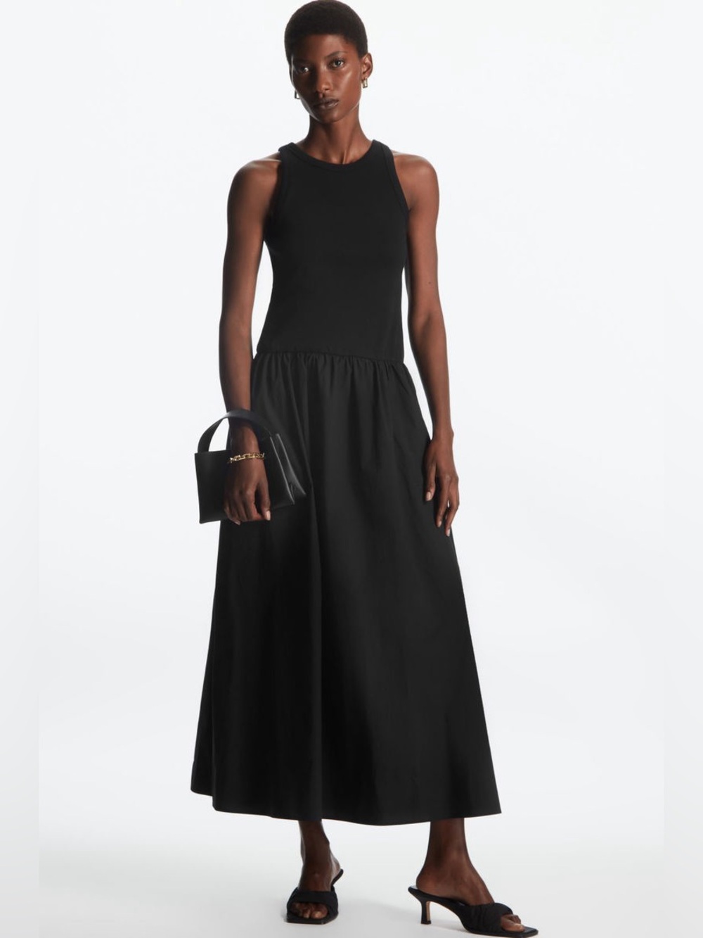 COS Contrast Panel Black Cotton Midi Dress Size Medium
